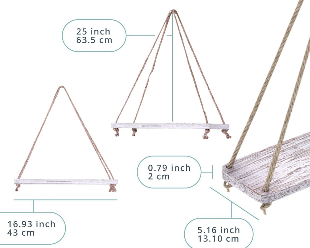 Hanging Shelves for Wall - Set of 2 – Rustic Farmhouse Boho Shelves with String – 17”X5.2” – Thick Distressed, Torched Look Real Wood - Rustic White