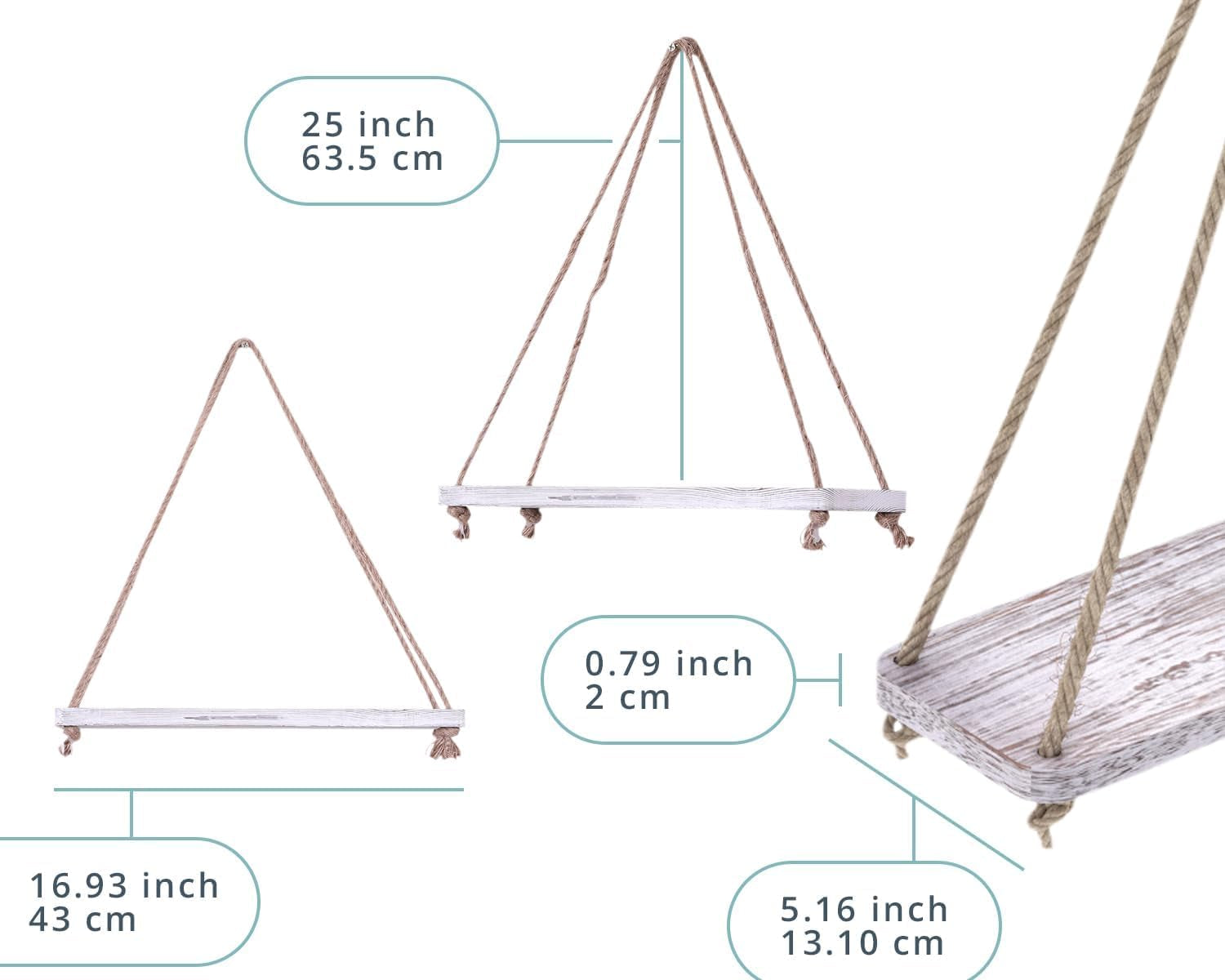 Hanging Shelves for Wall - Set of 2 – Rustic Farmhouse Boho Shelves with String – 17”X5.2” – Thick Distressed, Torched Look Real Wood - Rustic White