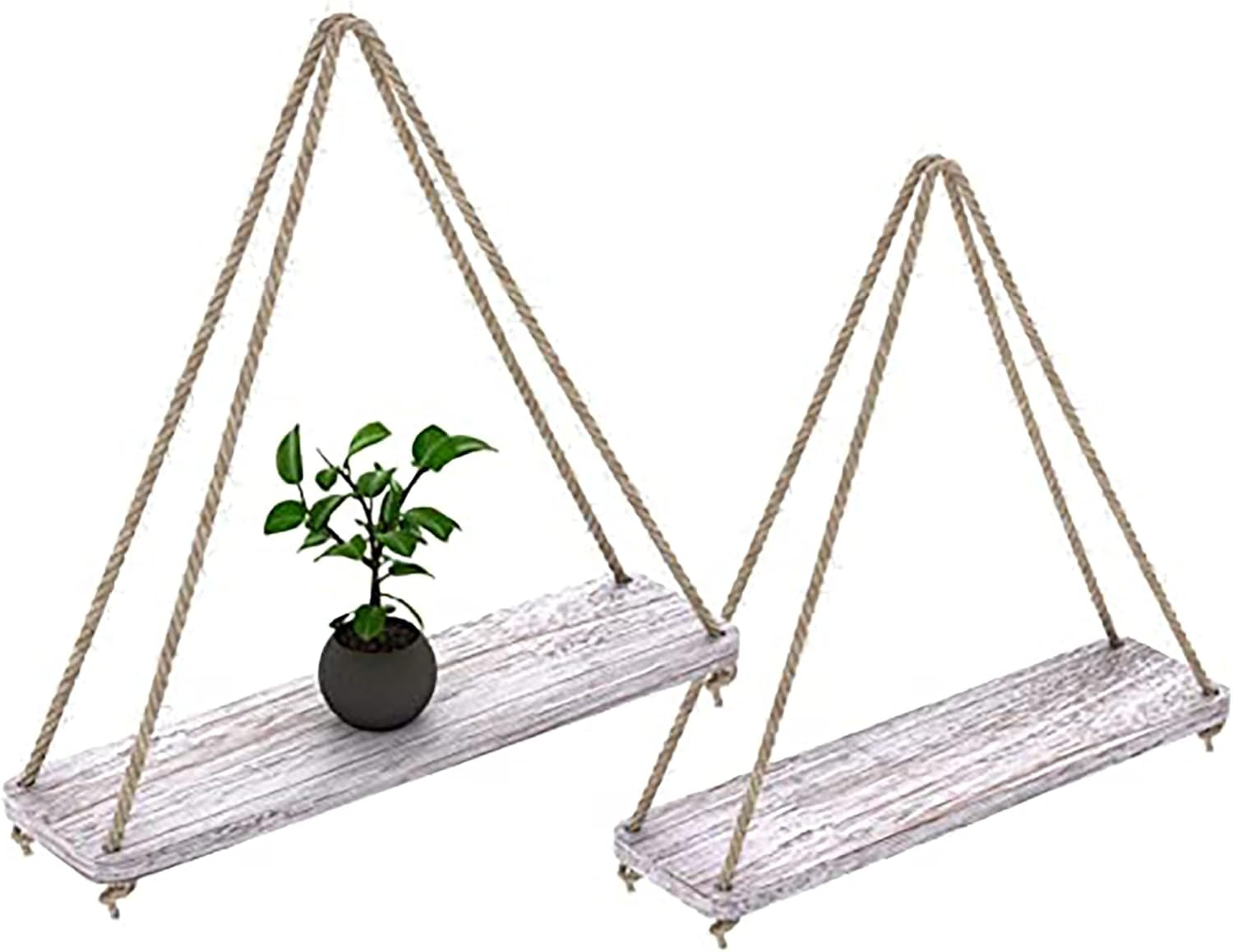 Hanging Shelves for Wall - Set of 2 – Rustic Farmhouse Boho Shelves with String – 17”X5.2” – Thick Distressed, Torched Look Real Wood - Rustic White