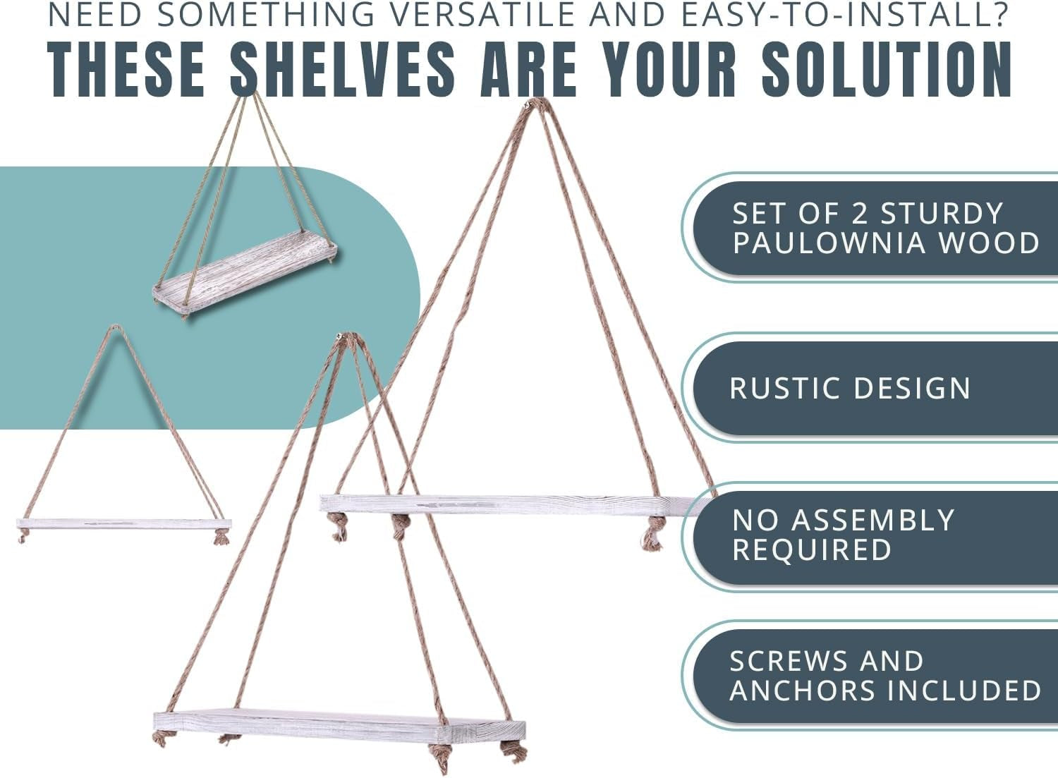 Hanging Shelves for Wall - Set of 2 – Rustic Farmhouse Boho Shelves with String – 17”X5.2” – Thick Distressed, Torched Look Real Wood - Rustic White