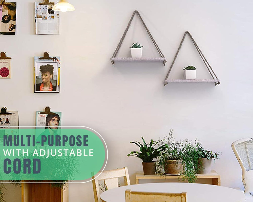 Hanging Shelves for Wall - Set of 2 – Rustic Farmhouse Boho Shelves with String – 17”X5.2” – Thick Distressed, Torched Look Real Wood - Rustic White