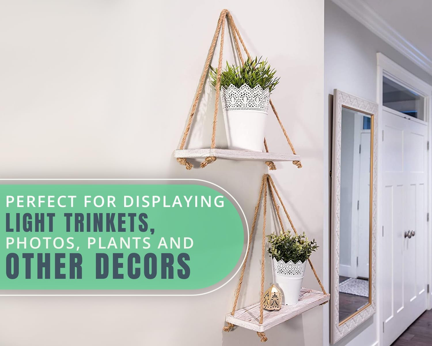 Hanging Shelves for Wall - Set of 2 – Rustic Farmhouse Boho Shelves with String – 17”X5.2” – Thick Distressed, Torched Look Real Wood - Rustic White