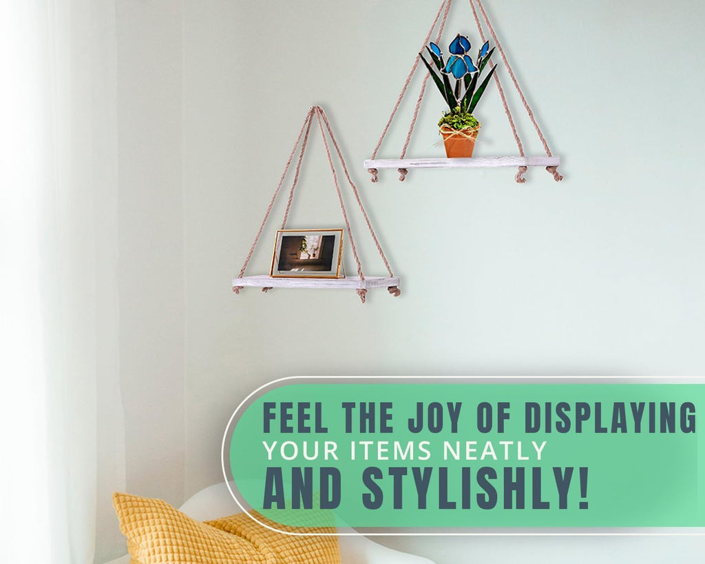 Hanging Shelves for Wall - Set of 2 – Rustic Farmhouse Boho Shelves with String – 17”X5.2” – Thick Distressed, Torched Look Real Wood - Rustic White