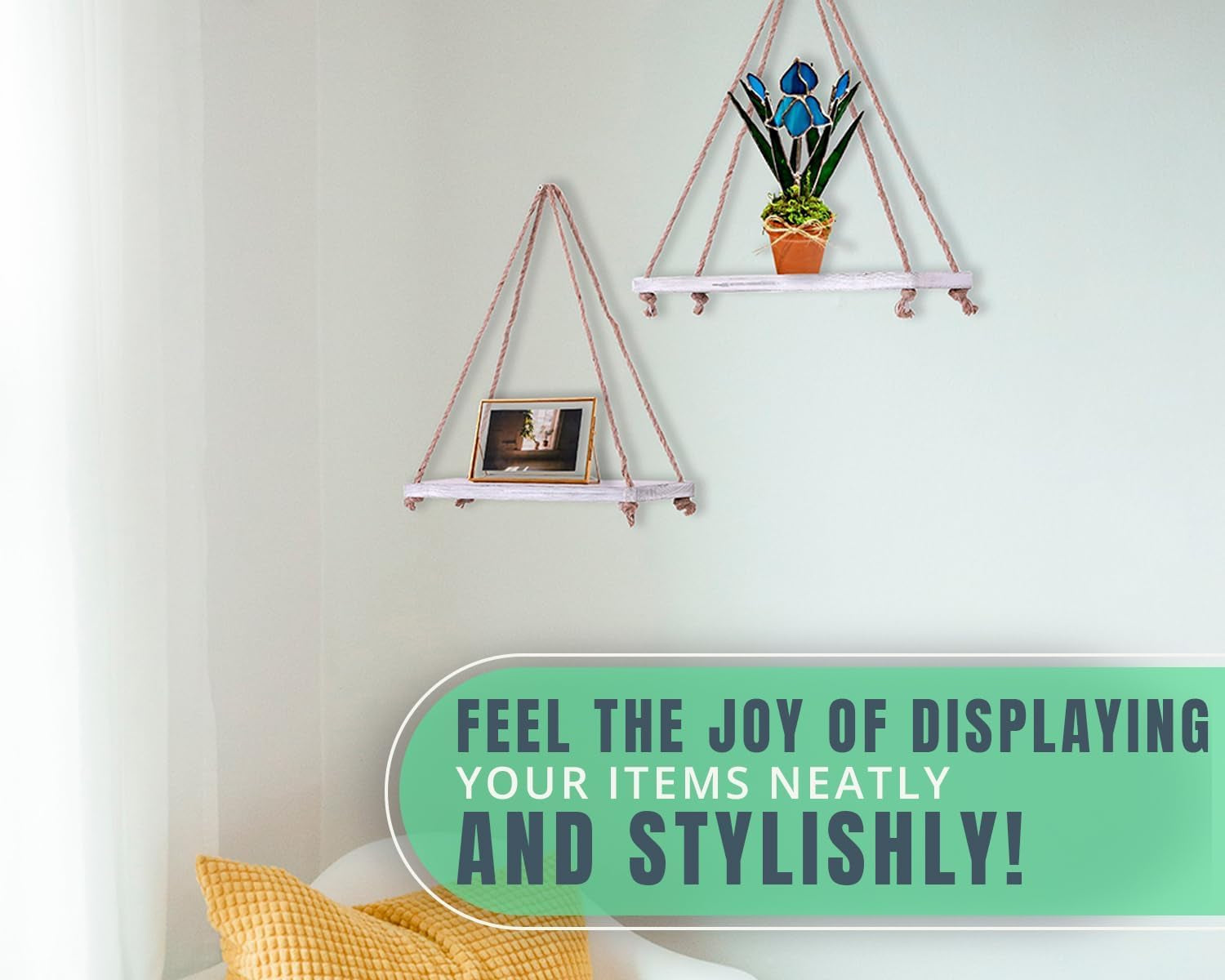 Hanging Shelves for Wall - Set of 2 – Rustic Farmhouse Boho Shelves with String – 17”X5.2” – Thick Distressed, Torched Look Real Wood - Rustic White